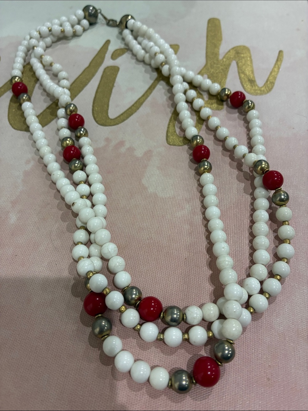 Multi-Strand Beaded Necklace in White, Red & Gold